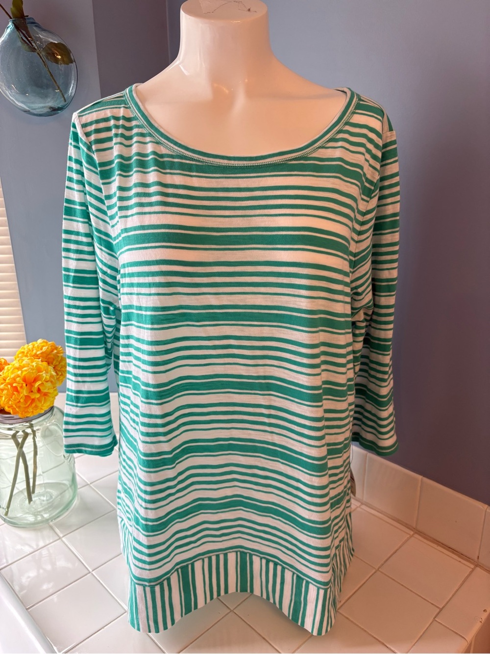 NWT T By Talbots Green And White Striped Top Shirt Size 2X MSRP $59.50